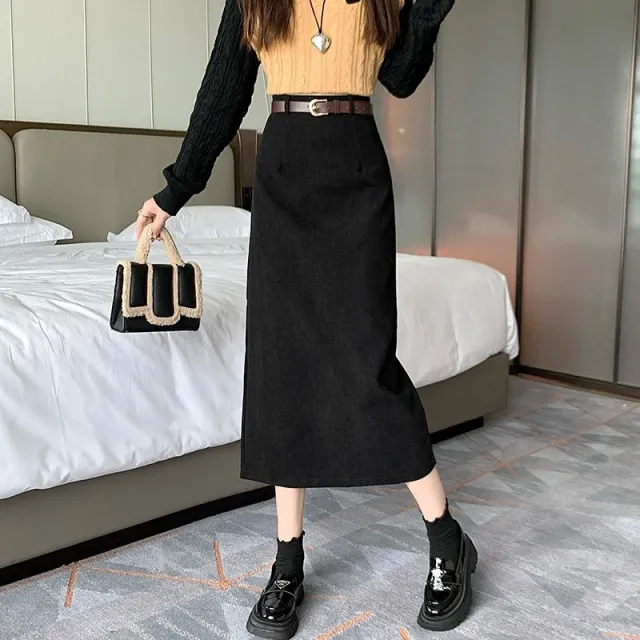 French style Midi Corduroy Skirt Black With Belt - Shop at LoveMi