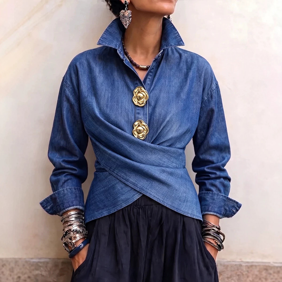 Women's Retro Floral-button Faux Denim Shirt