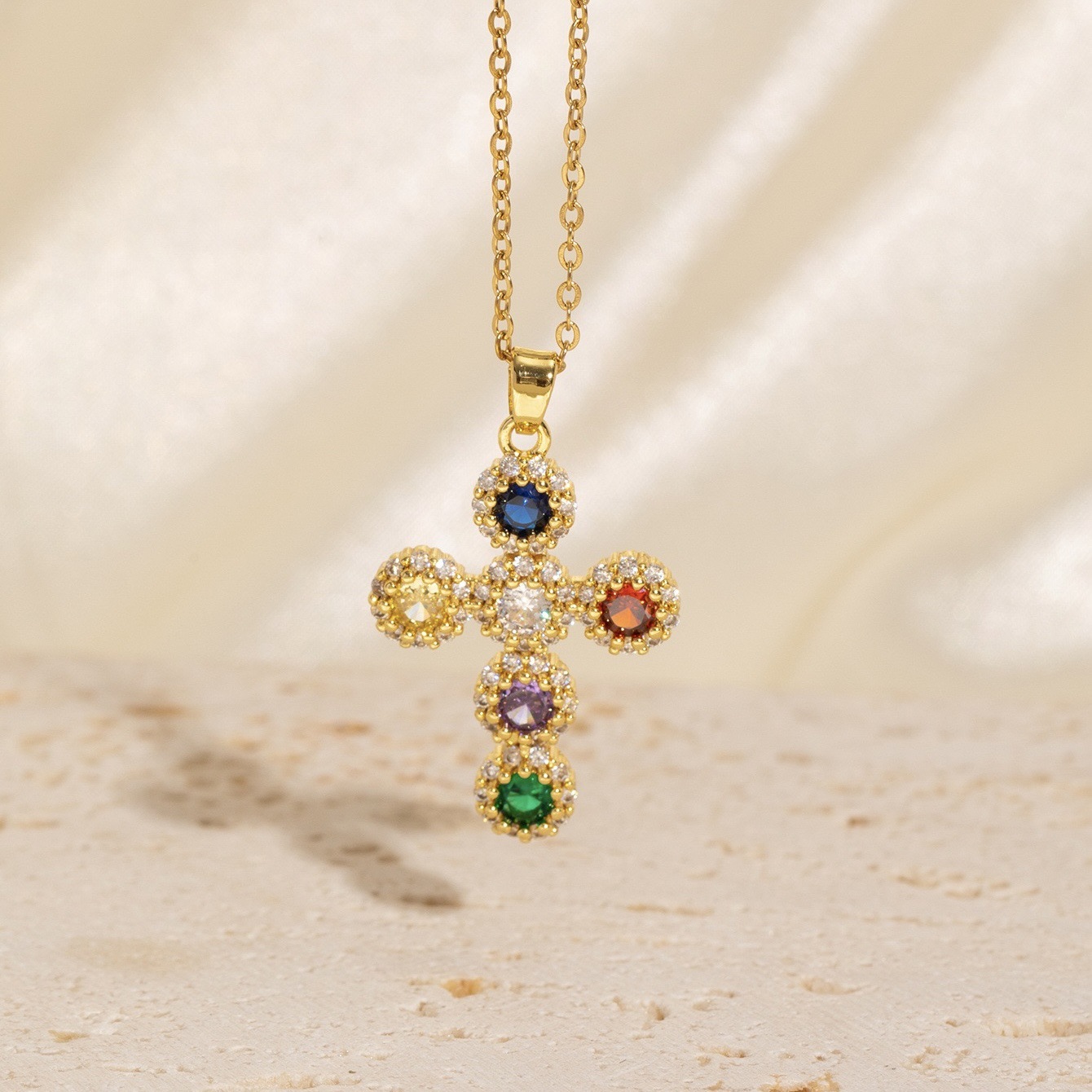 High-End Colorful Zircon Cross Necklace - Jewelry & Watches