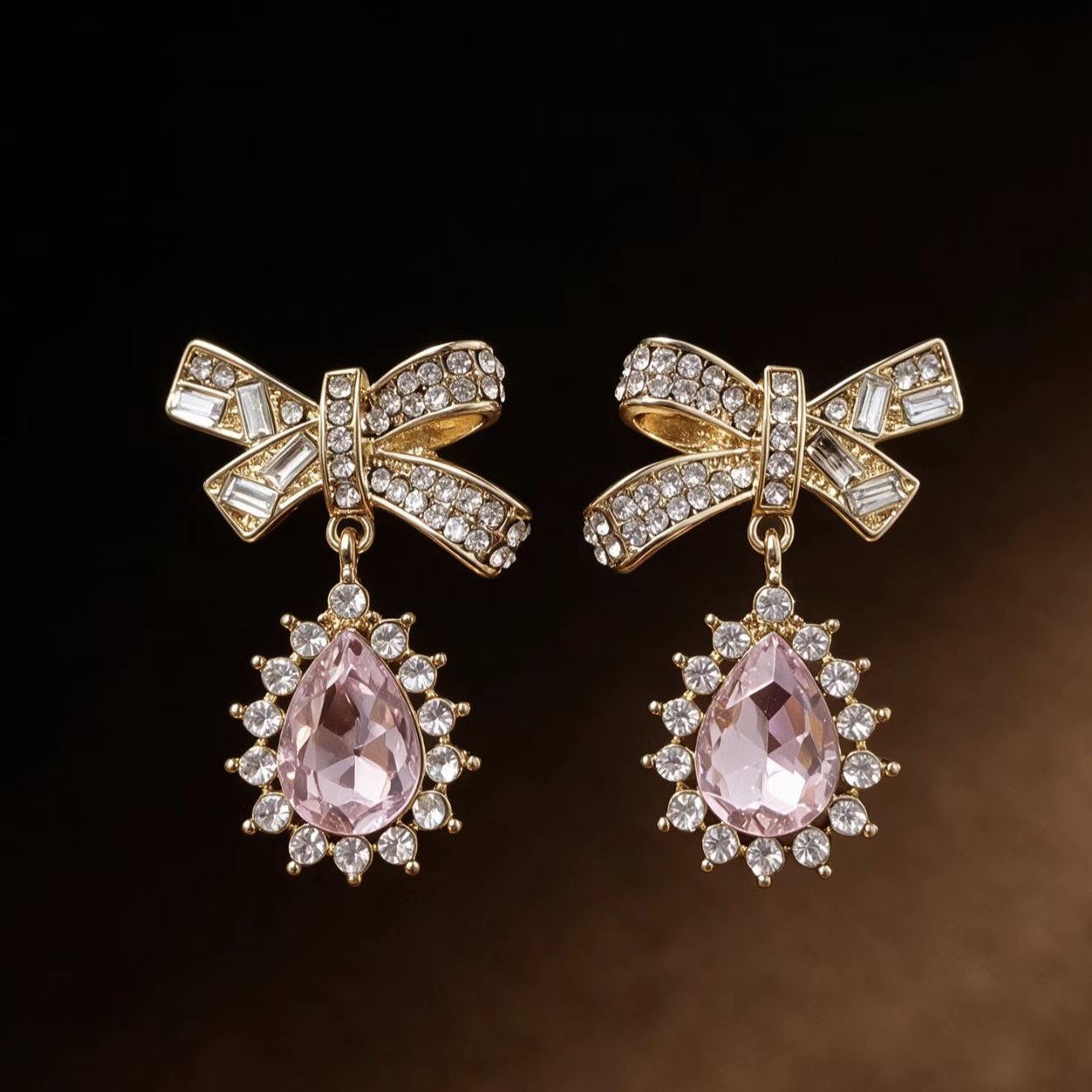 Everyday Versatile Stud Earrings For Women Crystal Droplet With Bow Detail