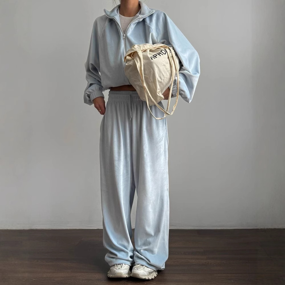 Womens Long-Sleeve Zip-Up Cardigan Jacket And Sweatpants Two-Piece Set