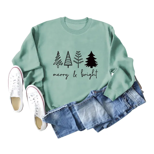 Printing Casual Women's Round Neck Loose Sweatshirt Shirt Light Green Black - Shop at LoveMi