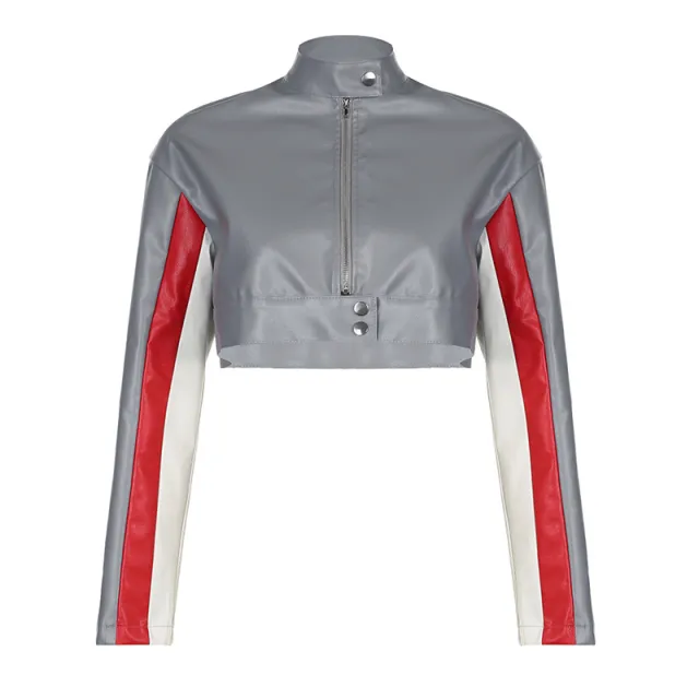 American Street Style Motorcycle Contrast Color Stand up Collar Jacket Gray - Shop at LoveMi