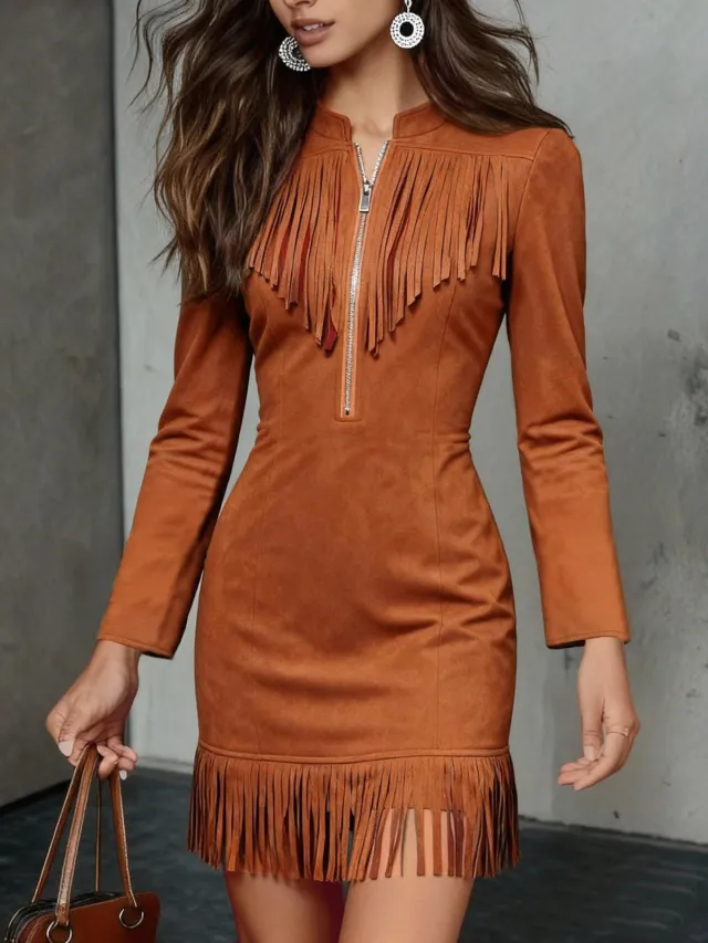 Western Cowboy Style Suede Fringe Bodycon Mini Dress With Long Sleeves Brown - Shop at LoveMi