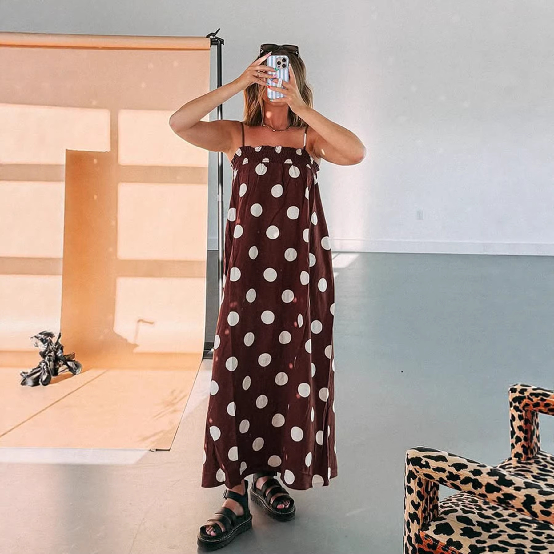 Summer Long Dress With A Polka-dot Print