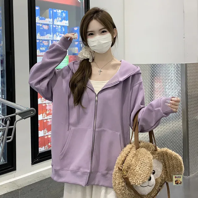 Hooded Loose All matching Zipper Cardigan Sweater Purple - Shop at LoveMi