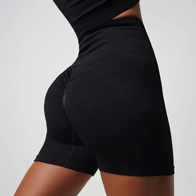 Seamless Yoga Clothes Suit Solid Color Workout Top Oblique Shoulder Sports Bra Sports High Waist Tight Hip Raise Yoga Pants Black Shorts - Shop at LoveMi