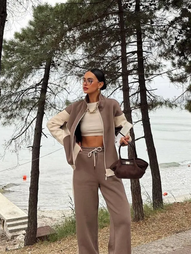 Casual Retro Contrast Color Long Sleeves Zipper Coat And Trousers Two piece Set Khaki - Shop at LoveMi