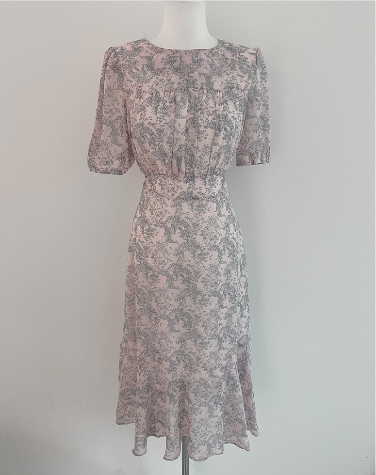 Floral Round Neck Tied Waist Trimming Short-sleeved Dress