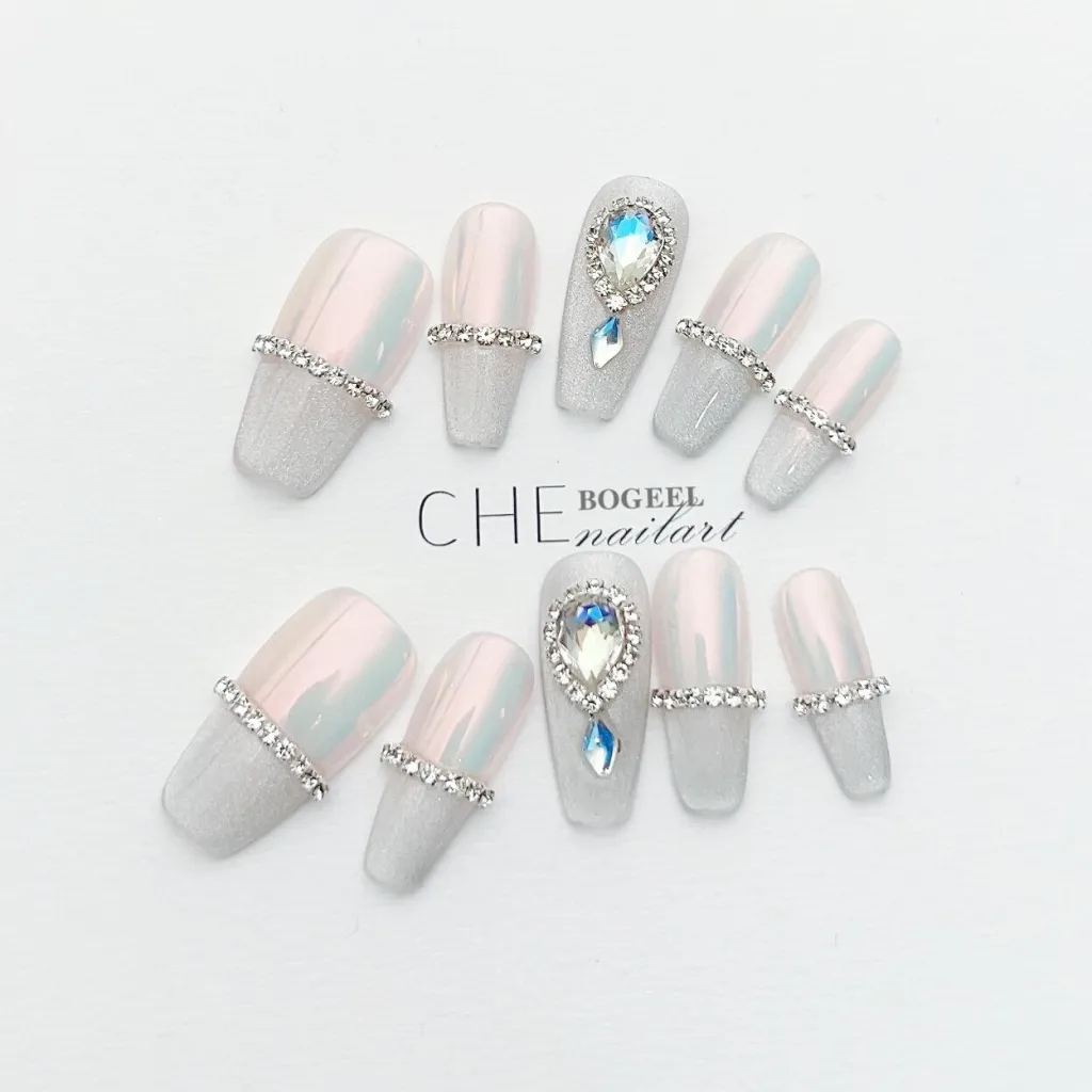Aurora Cherry Blossom Spring And Summer French Blush Gradient Cat Eye Simple White High-grade Handmade Manicure Wear Gentle - Yunge