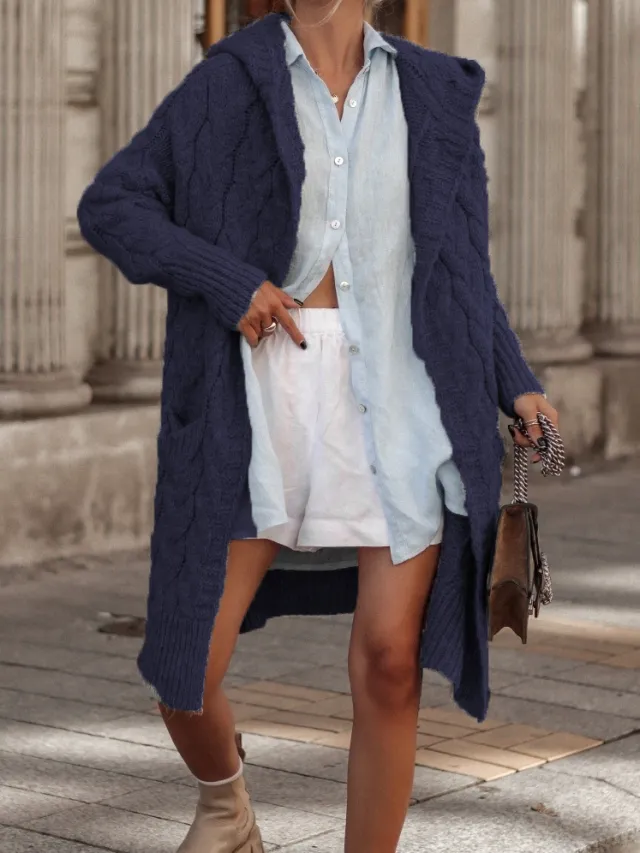 Long Twist Hooded Cardigan Sweater Coat Women's Top Navy Blue - Shop at LoveMi