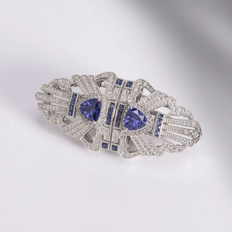 Tansang Blue Vintage Scarf Buckle Neckline Clip 925 Sterling Silver Brooch - Silver Platinum
