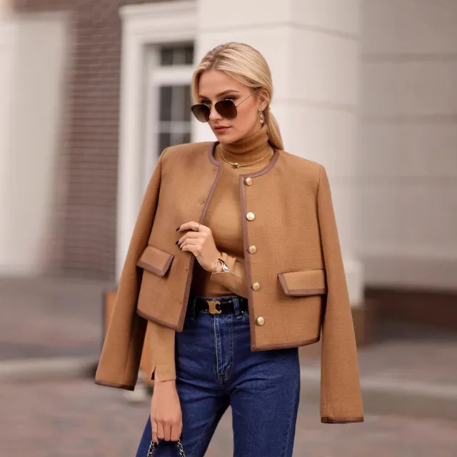 Fashion Round Neck Metal Button Design Short Coat Brown - Shop at LoveMi