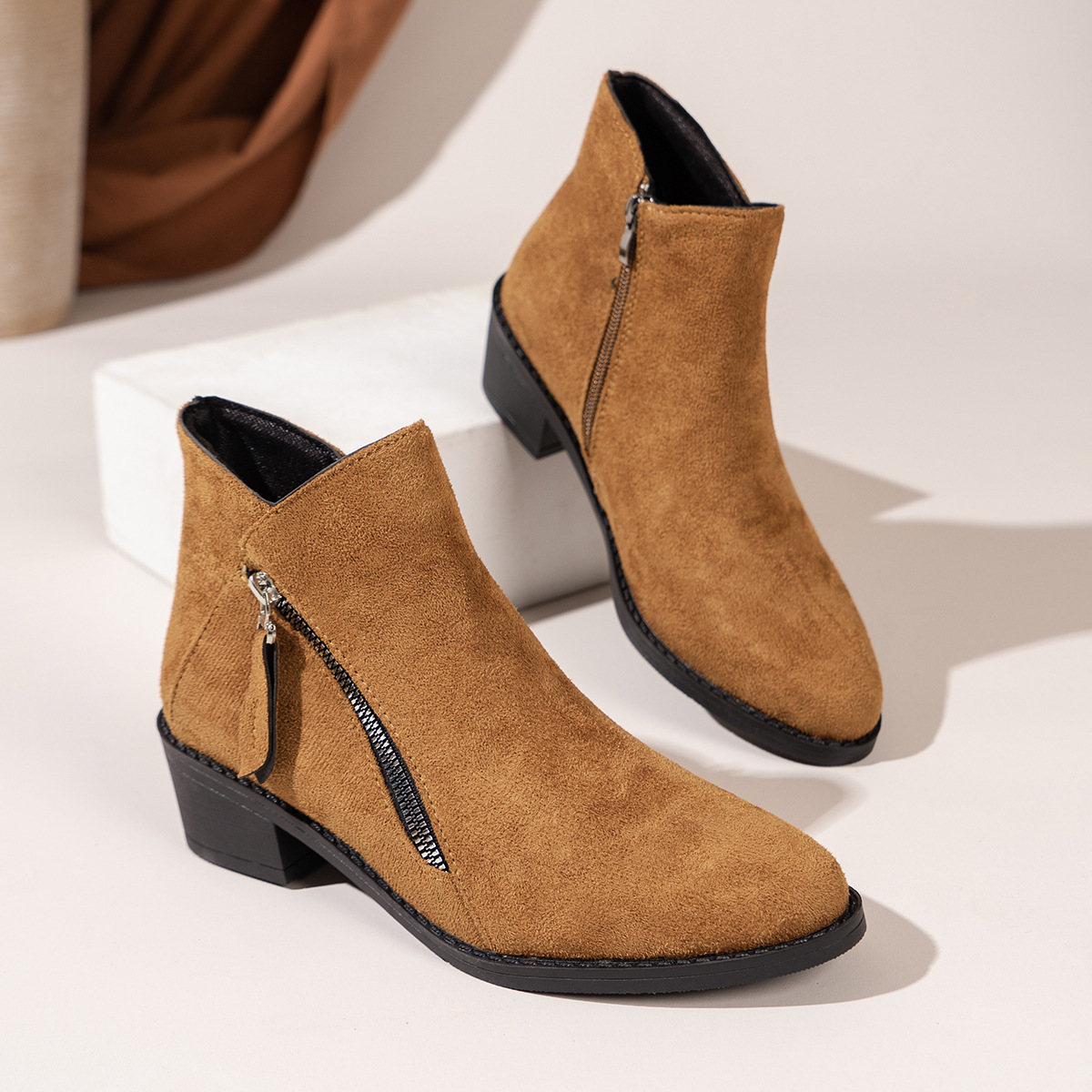 Women's Suede Rubber Cloth Fashion Boots Chunky Heel Booties - Image 6