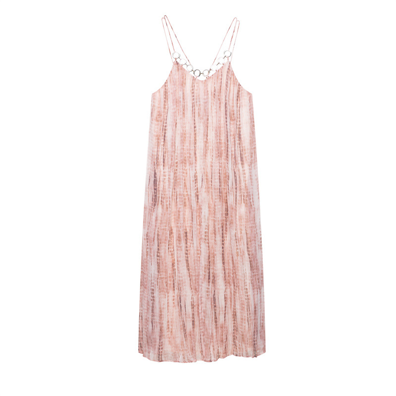 Summer Women's Clothing Ring Decoration Tie dye V neck Strap Dress Pink - Shop at LoveMi