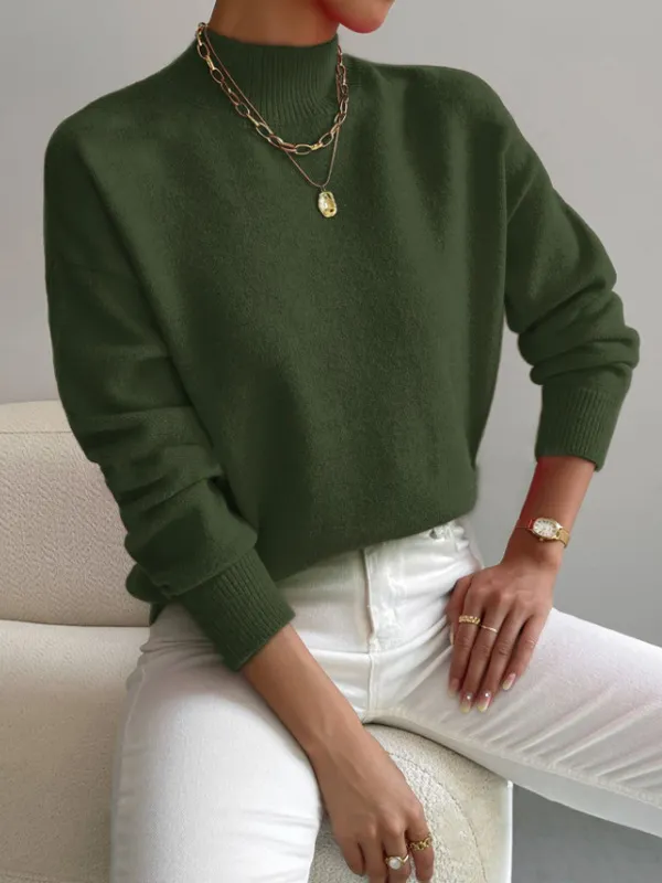 Autumn And Winter Half high Collar Pullover Women's Fashion Solid Color Loose Knitted Top Green - Shop at LoveMi
