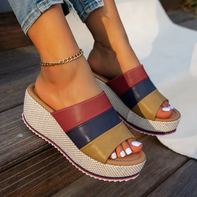 Ankle strap Sandals Block Platform Wedge Plus Size Slippers Blue - Shop at LoveMi