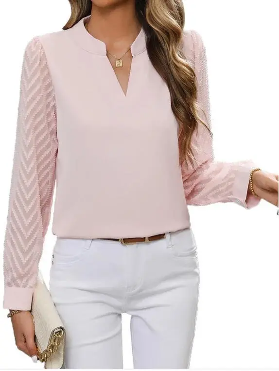 Chiffon Patchwork Long Sleeve Solid Color And V-neck Shirt - Pink