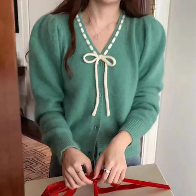 Bow Tied V neck Loose Long Sleeve Knitted Cardigan Sweater Green - Shop at LoveMi