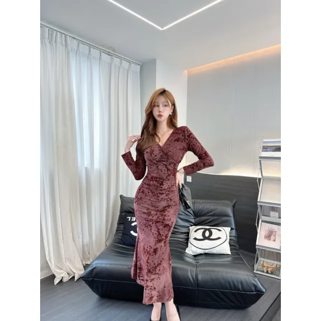 Elegant Long sleeve Velvet Ombre Dress Red Flower - Shop at LoveMi