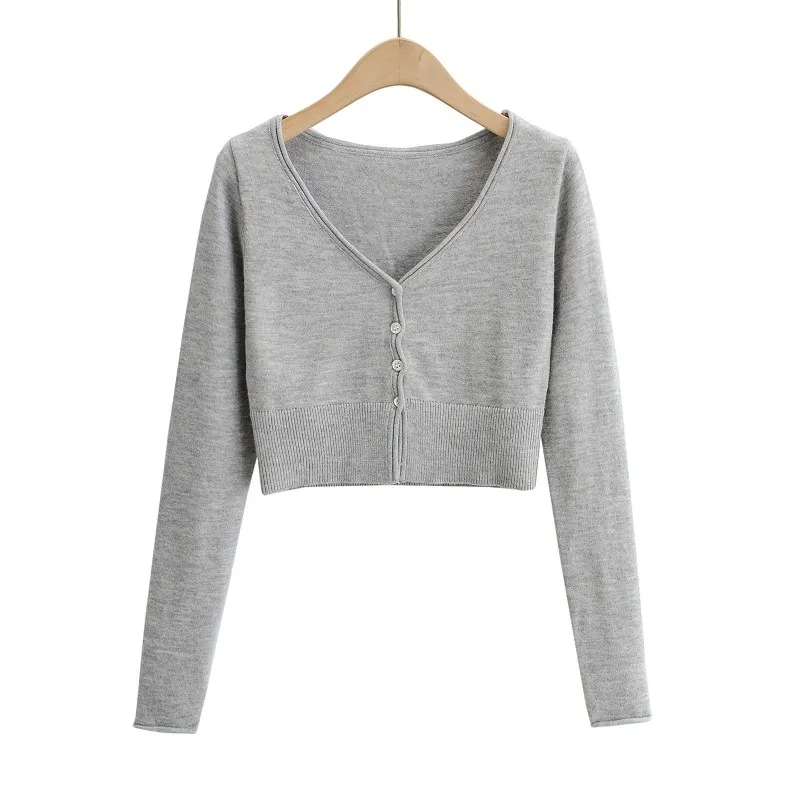 Long Sleeve Knitted Cardigan Bottoming Slim Fit Slimming Short Top - Gray