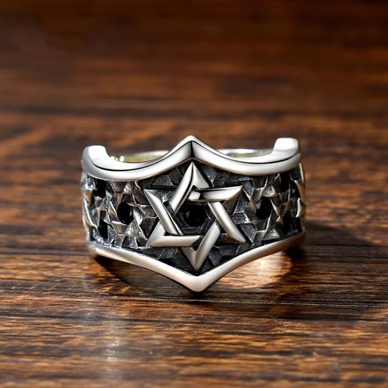 European And American Six-pointed Star Inlaid Ring Men's Silver Jewelry Hip Hop Trend
