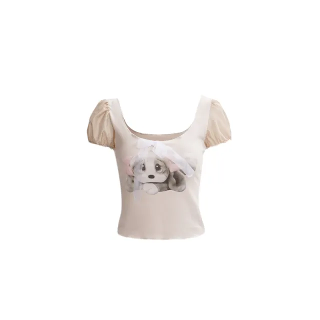 American Y2g Square Collar Rabbit Printed Puff Sleeve Short Sleeve Apricot - Shop at LoveMi