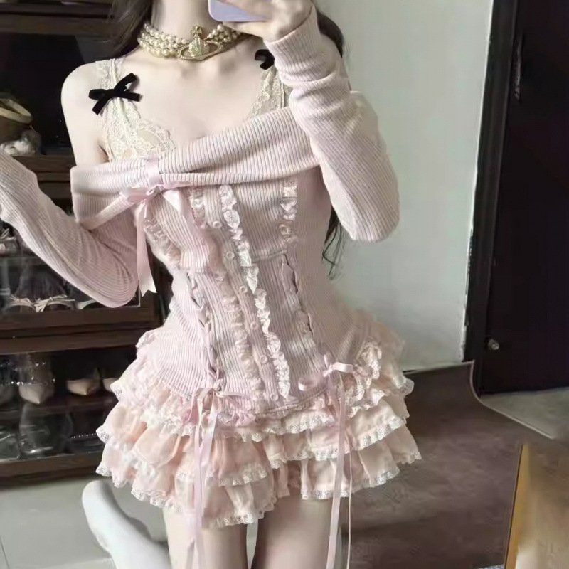 Skirt Pure Desire Style Sweet Bow Off shoulder Long Sleeve Top Cake Short Skirt Girl Two piece Set Short Skirt - Shop at LoveMi