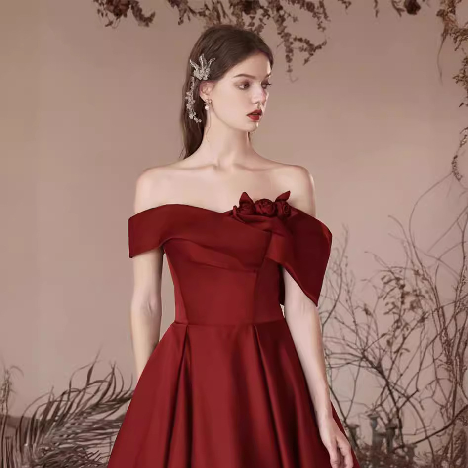 French Off-shoulder Satin Evening Wine Red Toast Dress New Long Dress