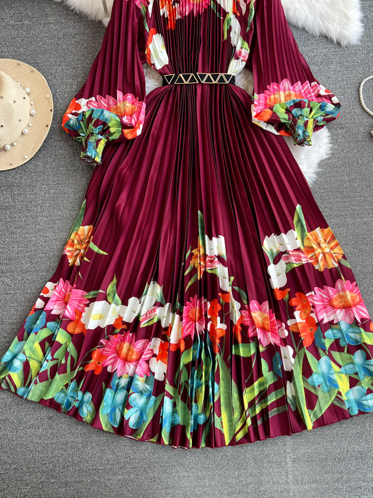 Printed Waist-controlled Lace-up Lady Dress