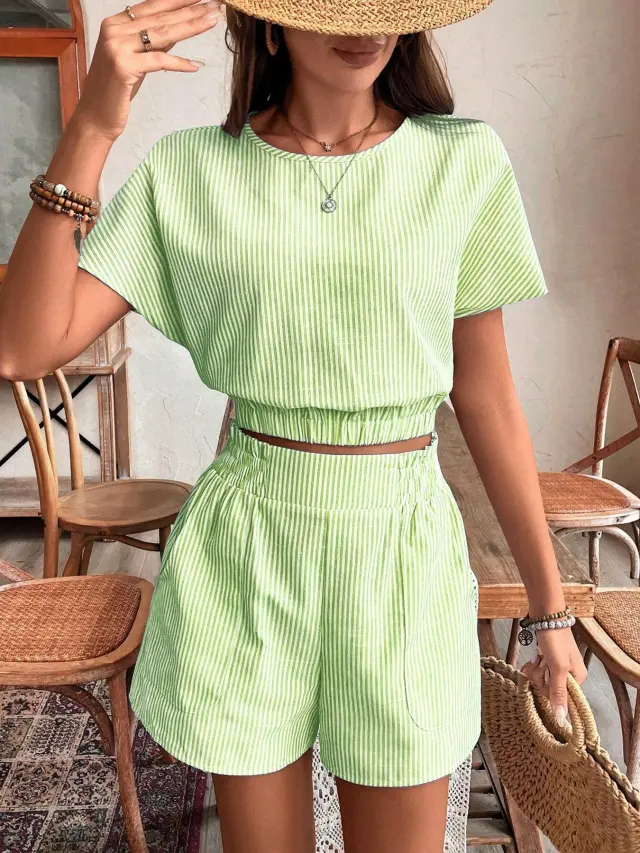 Summer Stripes Printed Batwing Sleeve Short Top And Shorts Green - Shop at LoveMi