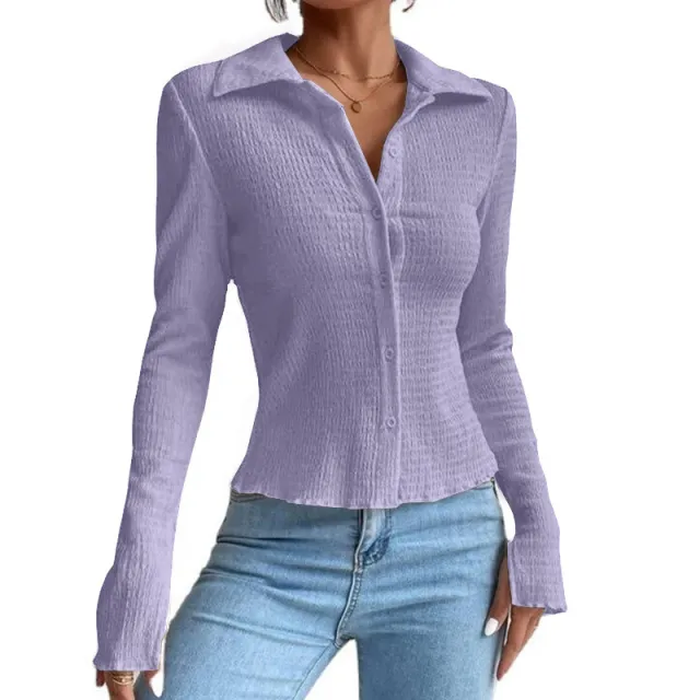 Women's Solid Color Stitching Split Sleeve Cardigan Button Top Lapel T shirt Violet - Shop at LoveMi