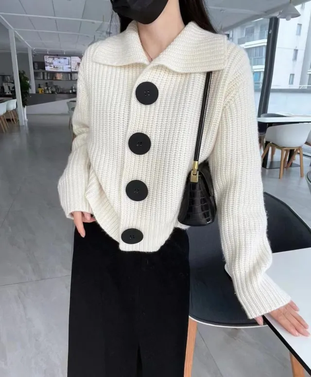 Cashmere Cardigan Women's V neck Long Sleeve Loose Pearl White - Shop at LoveMi