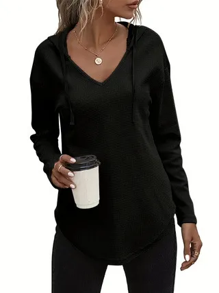 Women's Hoodie With Drawstrings V-neck Plus Size Sweater - Black