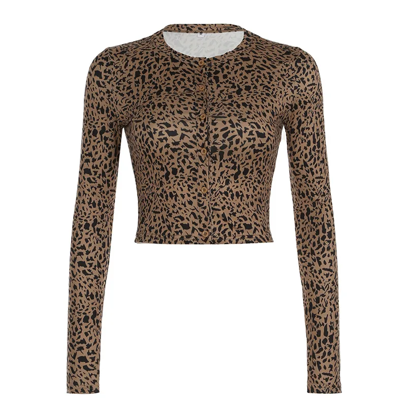 Women's Single-breasted Round Neck Long Sleeve Elastic Cardigan - Brown Top