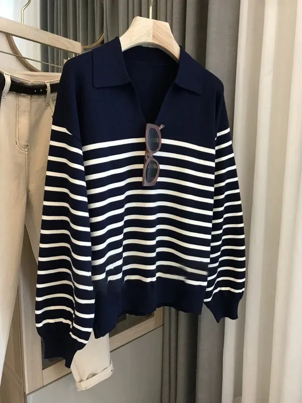 French Striped Polo Collar Sweater Worsted Wool Navy Blue Stripes - Shop at LoveMi