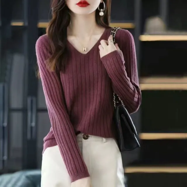 Slim V neck Pullover Long Sleeve Knitted Sweater Leather Red - Shop at LoveMi