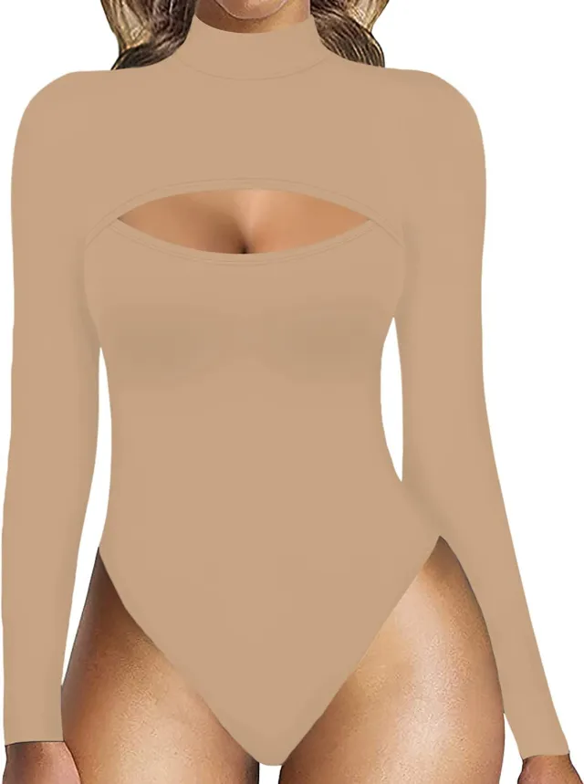 Women's Fashion Solid Color Hollow Long Sleeve Stretch One piece Corset Skin Color Xxl - Shop at LoveMi