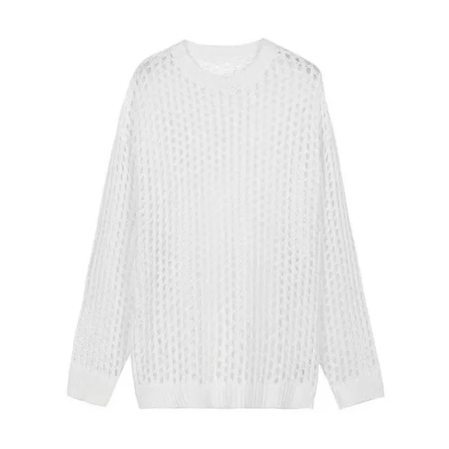 Hand Crocheting Blouse Off the shoulder Hollow out Women's Round neck Sweater White - Shop at LoveMi