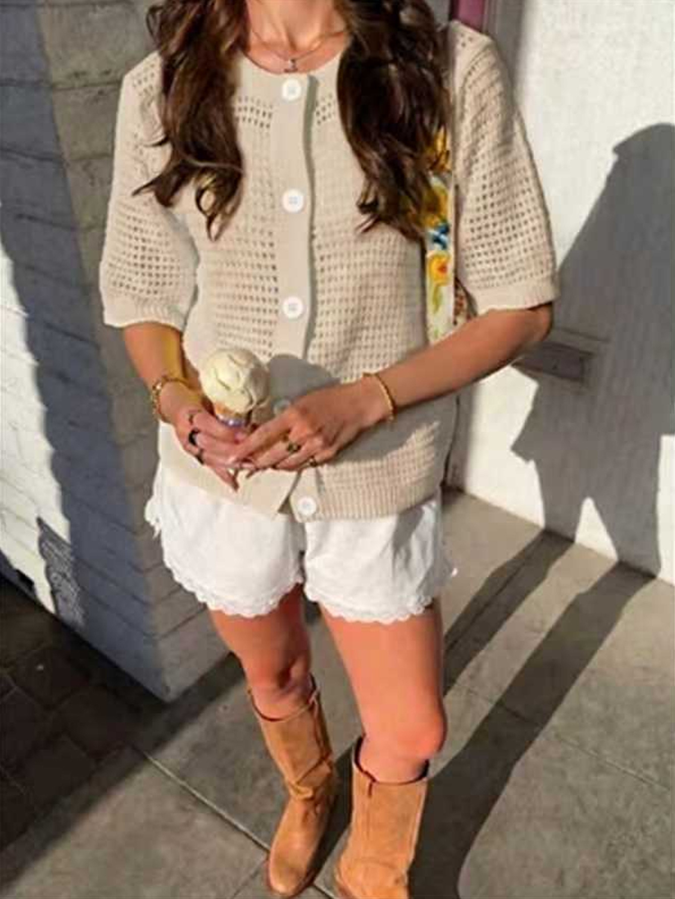 Women's knit cardigan in pink – hollow-out open front short sleeve style