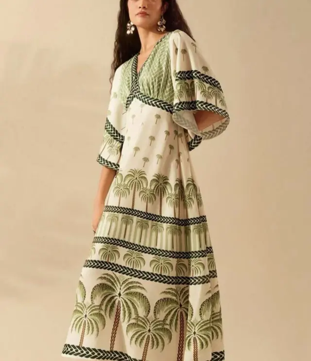Fashionable Loose Long Dress With V Neck Floral Print And Flared Hem Green - Shop at LoveMi