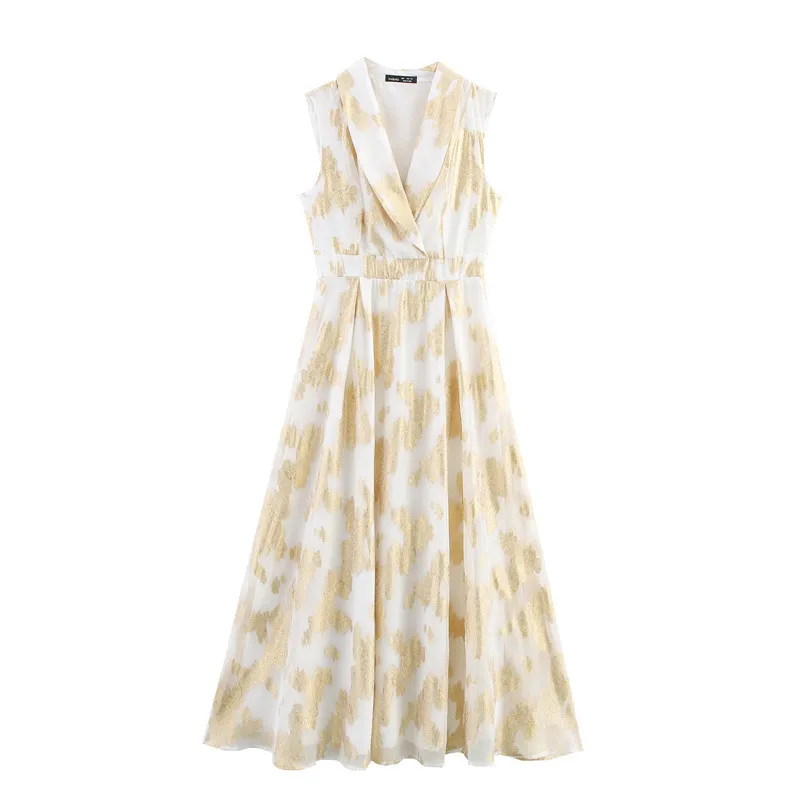 Fitted Waist Turn-down Collar Sleeveless Long Dress