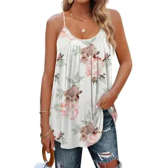 Women's Casual Summer Pleated Round Neck Keyhole Loose Top - Floral 1 - View 1