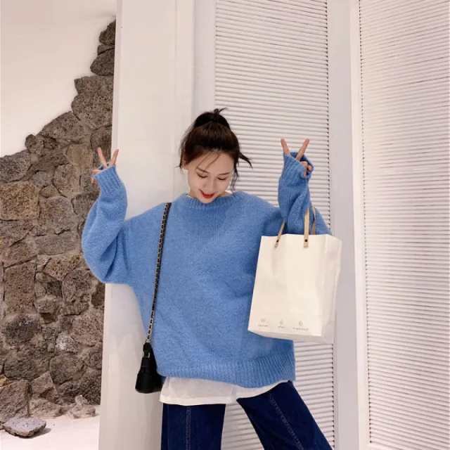Sweater Women's Loose Pullover Soft Glutinous Thicken Lazy Style Blue - Shop at LoveMi