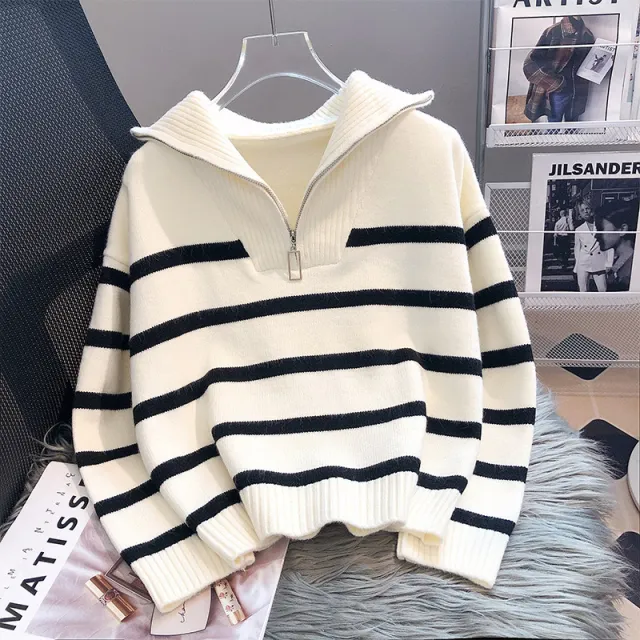 Korean Style Loose Fashion Zipper Striped Sweater White - Shop at LoveMi