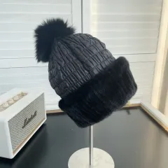 Winter Warm Mink Fur Woven Mink Fur Cap Women's Cute Fox Fur Ball Down Cotton Ear Protection Fur Hat - Black - View 1