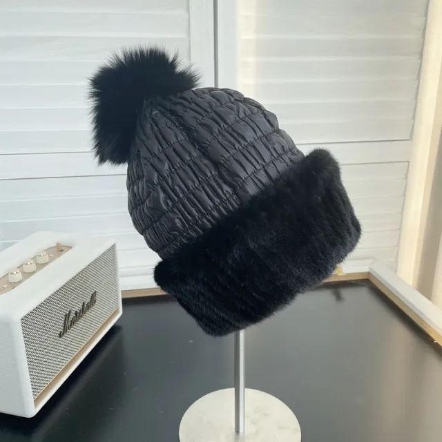 Winter Warm Mink Fur Woven Mink Fur Cap Women's Cute Fox Fur Ball Down Cotton Ear Protection Fur Hat Black - Shop at LoveMi