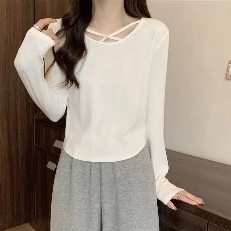 Early Autumn Hot Girl Style Crossover Tops Slimming Gray Bottoming Shirt