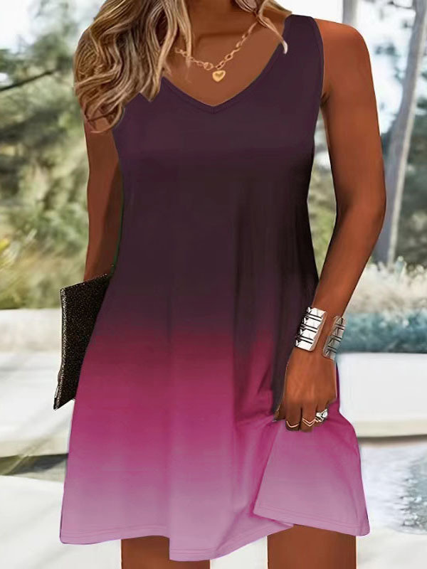 Printed Fashion Casual Sleeveless V neck Gradient Color Strap Dress Red - Shop at LoveMi