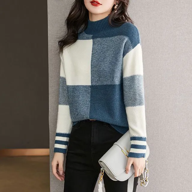 Fashion Colorblock Western Style Youthful looking Loose Slimming Bottoming Shirt Blue - Shop at LoveMi
